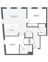A black and white image of a house floor plan with a living/dining area, kitchen, two bedrooms, and two bathrooms.