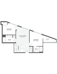 A floor plan of a house with two bedrooms, a living room, a bathroom, a kitchen, and a loft.