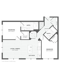 A floor plan of a house with a living room, dining room, kitchen, and two bedrooms.