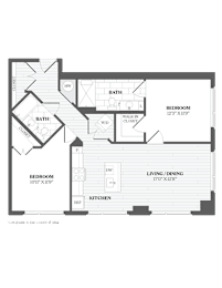A floor plan of a house with two bedrooms, a living/dining area, a kitchen, and two bathrooms.