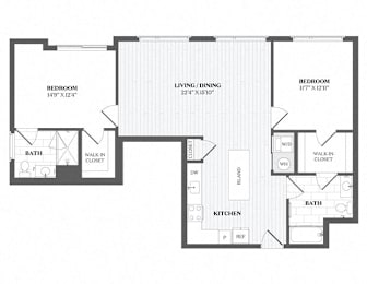 A floor plan of a house with a living room, two bedrooms, a bathroom, a kitchen, and a walk-in closet.