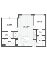 A floor plan of a house with three bedrooms, a living/dining area, a kitchen, a bath, and a walk-in closet.