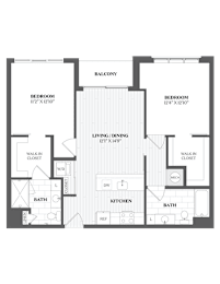 A floor plan of a house with two bedrooms, a living area, a kitchen, a bathroom, and a balcony.