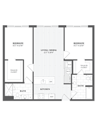 A black and white image of a floor plan for a home with three bedrooms, a living room, a dining room, a kitchen, a bathroom, and a walk-in closet.
