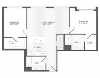 A black and white image of a floor plan for a home with a living room, kitchen, and two bedrooms.