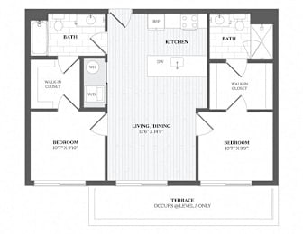 A floor plan of a house with two bedrooms, a living area, a kitchen, two bathrooms, and a terrace.