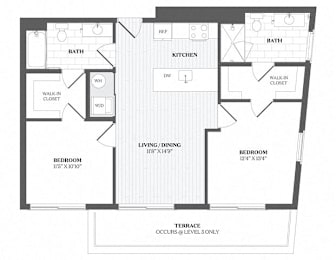 A floor plan of a house with two bedrooms, a living/dining area, a kitchen, two bathrooms, and a walk-in closet.