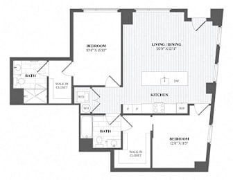 A black and white image of a floor plan for a house with two bathrooms, two bedrooms, a living/dining area, and a kitchen.