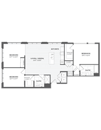 A floor plan of a house with three bedrooms, a living/dining area, a kitchen, a walk-in closet, and two bathrooms.