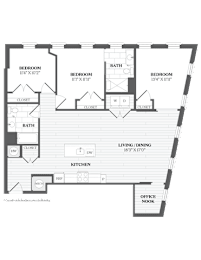 A floor plan of a house with labeled rooms such as Bedroom, Bath, Office, Kitchen, Living/Dining, and Closet.
