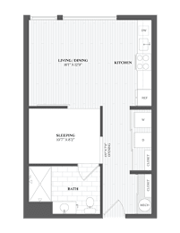 A floor plan of a small apartment with a living/dining area, kitchen, sleeping area, and bathroom.