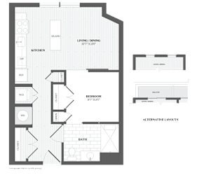 A black and white image of a floor plan for a small apartment.