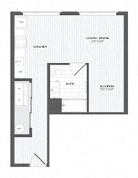 A floor plan of a small apartment with a kitchen, bathroom, and sleeping area.