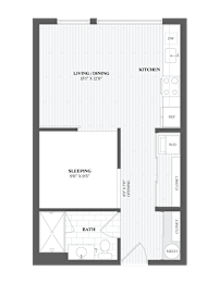 A floor plan of a small apartment with a sleeping area, kitchen, and bathroom.