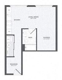 A floor plan of a small apartment with a kitchen, bathroom, and sleeping area.