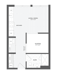 A floor plan of a small apartment with a kitchen, living room, and sleeping area.