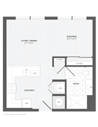 A floor plan of a small apartment with a sleeping area, kitchen, and bathroom.