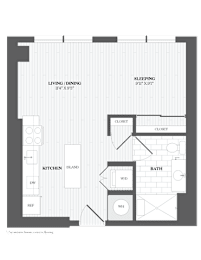A floor plan of a small apartment with a living/dining area, kitchen, bathroom, and bedroom.