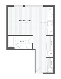 A floor plan of a small apartment with a sleeping area, kitchen, and bathroom.