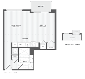 A black and white image of a floor plan for a Balcony, Living/Dining area, Kitchen, and Bathroom.