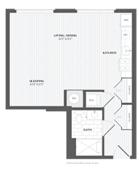 A floor plan of a small apartment with a living room, kitchen, sleeping area, and bathroom.