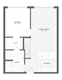 A floor plan of a house with a redroom, living/dining area, kitchen, bath, and closet.
