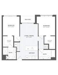 A floor plan of a two-bedroom apartment with a living, dining, and kitchen area.