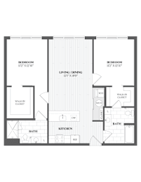 A floor plan of a house with two bedrooms, a living/dining area, a kitchen, two bathrooms, and a walk-in closet.