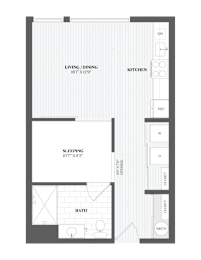 A floor plan of a small apartment with a living/dining area, kitchen, sleeping area, and bathroom.