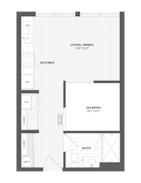 A floor plan of a small apartment with a kitchen, living room, and sleeping area.