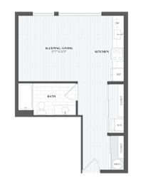 A floor plan of a small apartment with a sleeping area, kitchen, and bathroom.