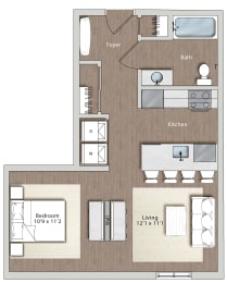 a floor plan of a studio apartment with a bedroom and a living room  at Sono Central Residential, Norwalk, 06854