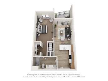 A 3D floor plan of a small apartment with a kitchen, living room, and bedroom.