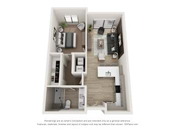 A 3D floor plan of a house with a kitchen, living room, and bathroom.