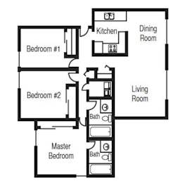 A floor plan of a home with three bedrooms, a kitchen, a dining room, and a living room.