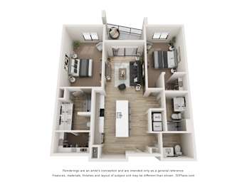 A 3D floor plan of a small apartment with a kitchen, living room, and two bedrooms.