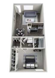 A top-down view of a small apartment with a bedroom, living room, and kitchen.