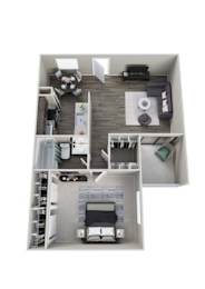A top-down view of a small apartment with a kitchen, living room, and bedroom.