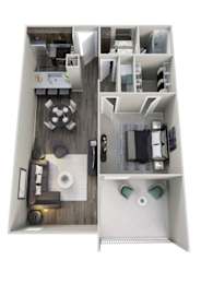 A top down view of a small apartment with a kitchen, living room, and bathroom.