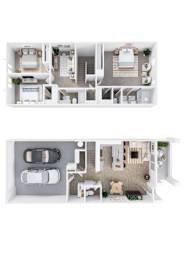 A floor plan of a two-story residential building with a living room, kitchen, and bedrooms.