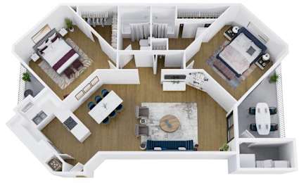 A top-down view of a house interior with a kitchen, living room, and bedrooms.