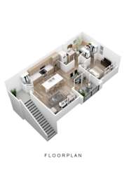 A floor plan of a house with a living room, kitchen, and two bedrooms.