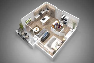 A 3D rendered image of a modern apartment layout.