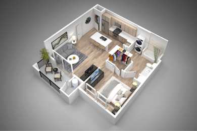 A 3D rendered image of a modern, minimalist apartment layout.