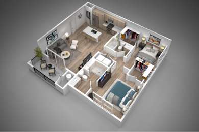 A 3D rendered image of a modern, well-furnished apartment.