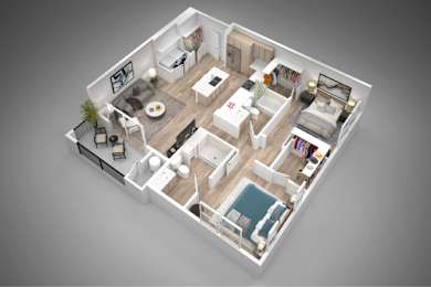 A 3D floor plan of a house with a kitchen, living room, dining room, and bedrooms.