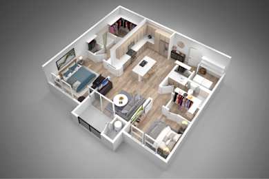 A 3D floor plan of a house with a living room, kitchen, dining room, and bedrooms.