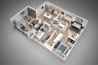 A 3D rendered image of a modern, well-furnished apartment.