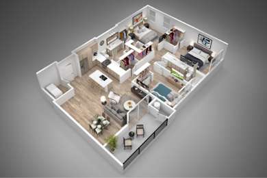 A 3D rendered image of a small apartment layout.