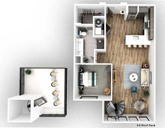 A four-bedroom apartment with a living room, kitchen, and dining area.